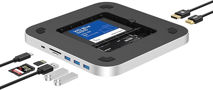 Qwiizlab Dual Drive Enclosure with Docking Station for Mac mini Mac Studio 10Gbps USB-C Hub Card Readers 104MB/s 4K HDMI &amp DP Fits M.2 NVMe/SATA SSD 2.5-inch SATA SSD/HDD (Silver)