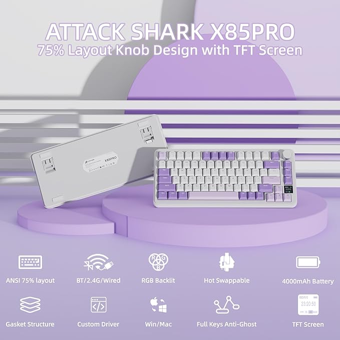 MAGIC-REFINER Attack Shark X85PRO 75% Wireless Mechanical KeyboardTFT Smart Display&ampKnobBT/2.4G/Wired Custom Gaming KeyboardGasketHot-SwapRGBwith Pro Cable&amp5 Color PBT Keycapsfor PC/MAC