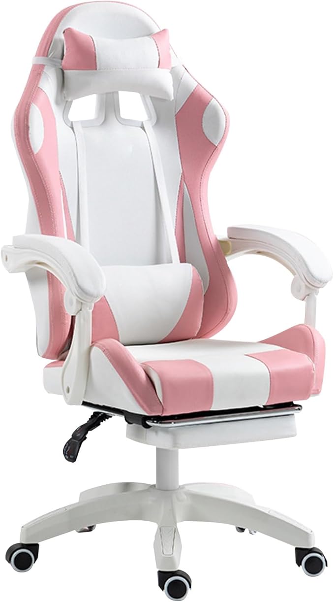 Gaming Chair Pink Adjustable Backrest Ergonomic Gaming Chair Comfortable Computer Chair Reclinable Lift Armrests Headrests Office Chair(withYES_Link HANDRAIL)