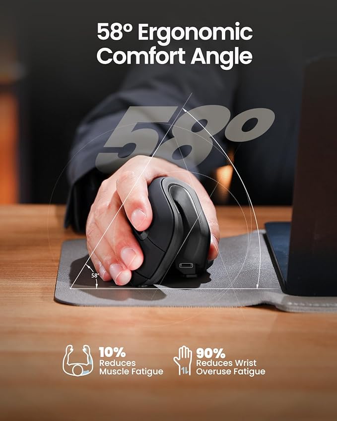 ProtoArc Ergonomic Mouse EM11 NL Bluetooth Rechargeable Wireless Vertical Mouse 3 Multi-Device Connectivity for Computer/PC/Laptop 2.4GHz USB-A Optical Mice for Windows Mac OS Gray