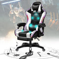RGB Gaming Chair with Built-in Speakers Full Massager Computer Chair with Lumbar Support and Footrest Music Video Game Chair High Back Ergonomic Recliner Chair PU Swivel Office ChairWhite