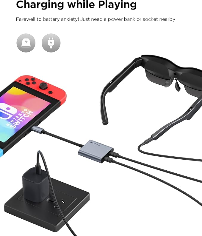 RayNeo USB-C to Glasses Charging Adapter - Charge &amp Play for Switch (Not Switch 2)/PS5/Xbox/Mac/Laptops &amp DP Alt Mode Devices 100W PD Charging &amp 4K@60Hz Output - for Air 4/Air 3 Series A