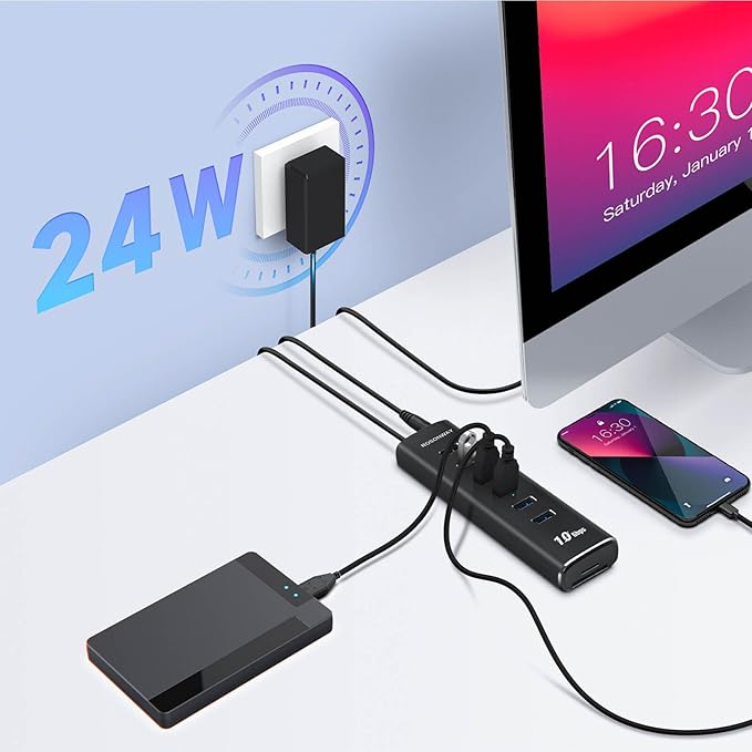 Rosonway 8 Ports Powered USB 3.2/USB C Hub with 6 USB-A 3.2 Ports 10Gbps SD/TF Card Readers 3.3ft USB Cable and 12V/2A Power Adapter USB Expander Splitter for Laptop and PC