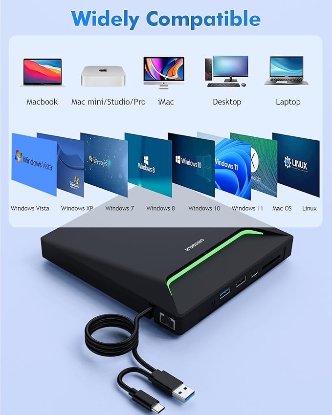 New External CD DVD Drive Cool DVD Burner USB 3.0 with Ethernet Adapter 3 USB and 2 TF/SD Card Ports CD DVD Player Reader Writer Optical Disc Drive for Laptop PC Windows Mac with Carrying Case