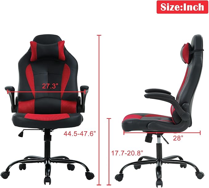 PC Gaming Chair Ergonomic Computer Chair High Back Office Chair with Lumbar Support&amp Headrest Adjustable Task Rolling Swivel Executive Desk Chair Racing Style Leather Gaming ChairRed