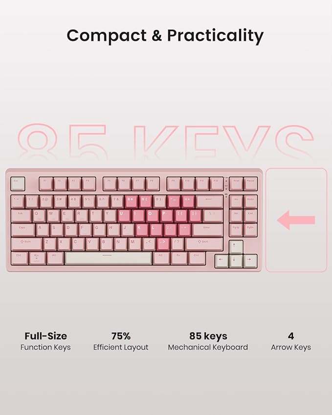 KN85 Wireless Mechanical Gaming Keyboard 75% Layout with RGB Backlit Custom Hot Swappable Creamy Sound Bluetooth/2.4GHz/USB-C Compatible with Windows/Mac/PC (Rose Pink Linear Switch)