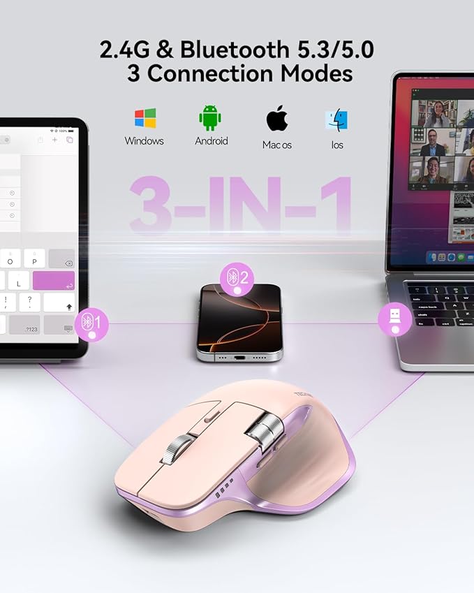 TECKNET Wireless Mouse Bluetooth Mouse (BT5.3/5.0 &amp 2.4G) Rechargeable Ergonomic Optical Mouse with 6 Adjustable DPI Side Scroll USB A Receiver 7 Buttons Wide Compatibility - Pink &amp Purpl