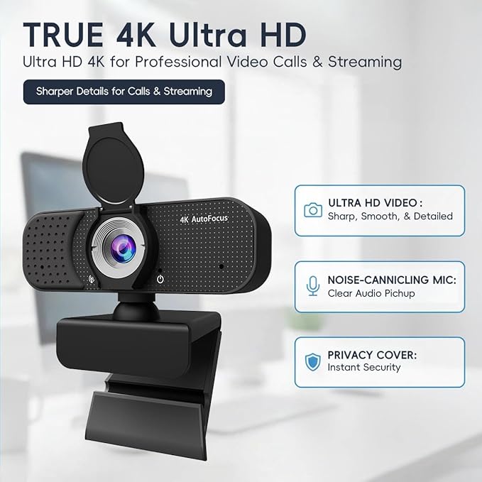 4K Autofocus Webcam for PC &amp Laptop USB Plug &amp Play Computer Camera with Dual Noise-Reducing Mics Low-Light Correction Privacy Shutter Tripod Compatible Works with Zoom/Teams/Google Meet