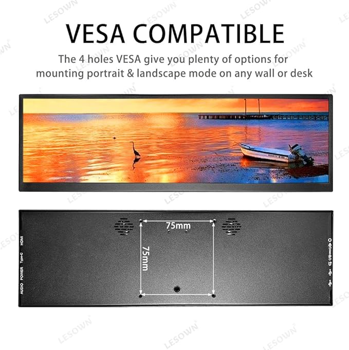 12.6 Inch Stretched Bar LCD Touchscreen Display IPS 1920x515 Small Sub Monitor Wide USB C &amp mini HDMI Monitor with Stand Dual Speakers for PC Laptop Computer