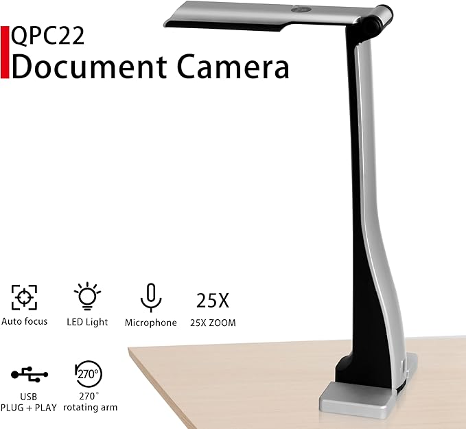 ScannerCam 22 Portable 8.0 MP USB Document Camera with Built-in Mic and LED Light for MAC PC Chromebook. Designed for Online Learning Web Meeting and Document Scanning