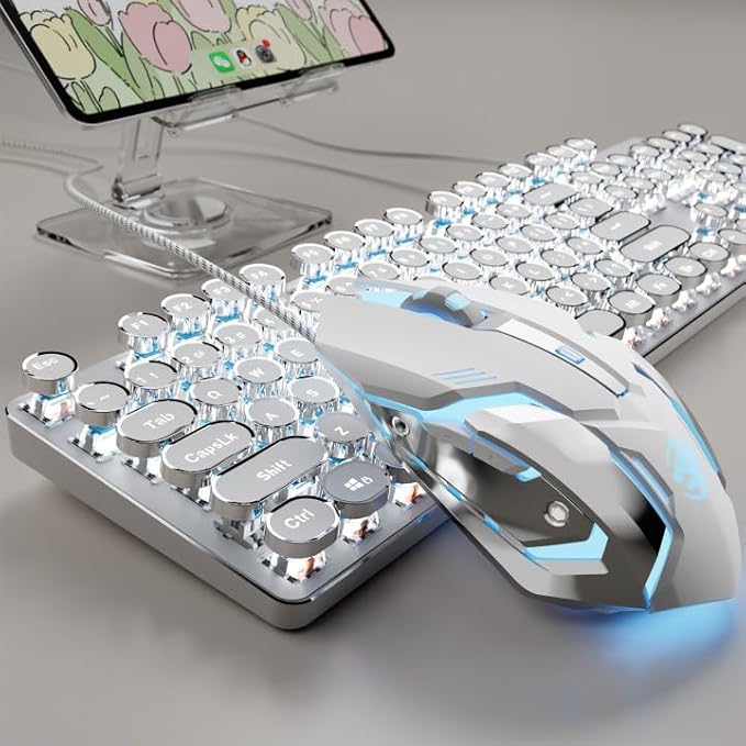 EWEADN TK100 Wired Typewriter Mechanical Keyboard and Mouse 104 Keys Aesthetic Typewriter Keyboard Mouse Combo with White Backlit Anti-Ghosting Black Switch Cute Keyboards-White