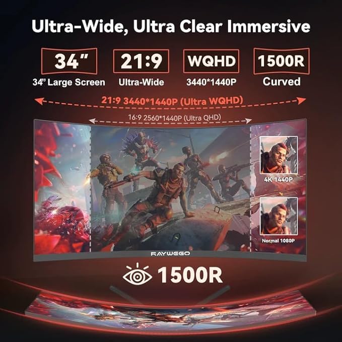 34 Inch Ultrawide Monitor 3440 x 1440P Curved Gaming MonitorSwivel/Height Adjustable21:9 Aspect Ratio with RGB Backlight165Hz 127% sRGB 4000:1 Contrast RatioPIP/PBP Black2026
