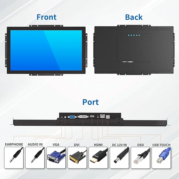 21.5 Inch Open Frame Touch Monitor PCAP 10-Point Touch Industrial Touchscreen Monitor with HDMI/VGA/DVI Interface Active Matrix TFT LCDLED Backlight with VESA Mount