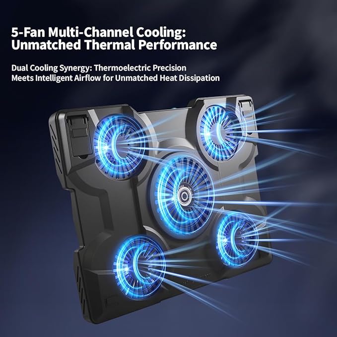 Thermoelectric Laptop Cooling Stand with 5 Fans - Adjustable Height for Laptops up to 19 Compatible with MacBook Alienware ROG &amp Gaming Laptops