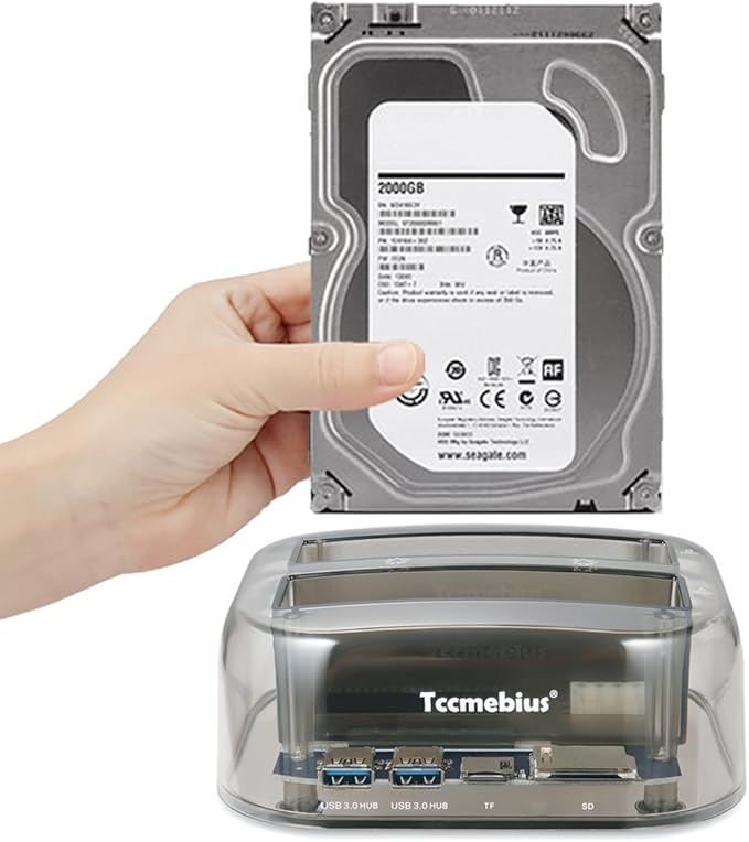 TCC-S865 USB 3.0 to SATA IDE Dual Slots External Transparent Hard Drive Docking Station with Card Reader and 2 Ports USB 3.0 Hub for 2.5 3.5 Inch IDE SATA I/II/III HDD SSD