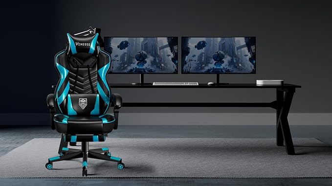 Vonesse Gaming Chair Big and Tall Gaming Chair with Footrest and Massage Gaming Chairs for Adults with Lumbar Support Ergonomic High Back Computer Chair with Pocket Spring Cushion (Cyan/Black)
