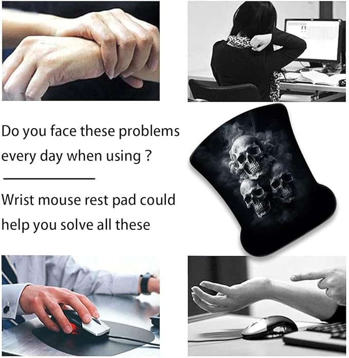 Mouse Wrist Rest and Keyboard Wrist Rest Pad+ Coaster Set Non-Slip Rubber Base Smooth Surface Ergonomic Gaming Mouse Pad for Easy Typing and Pain Relief Smoke Skull