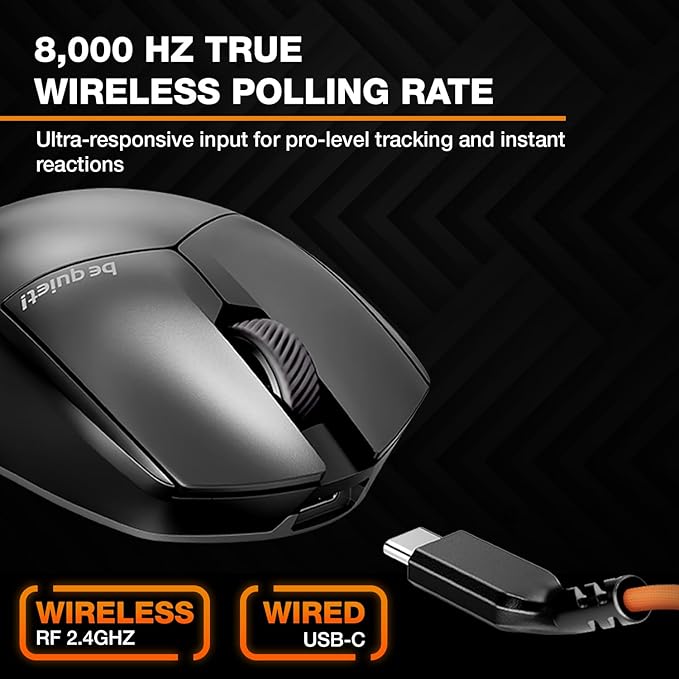 be quiet! Dark Perk Ergo PC Gaming Mouse 55g Lightweight Ultra-Long Wireless Battery Life 8000Hz Polling Rate PixArt PAW3950 Sensor 32000 DPI Optical 70m switches 100% PTFE Glide Skates