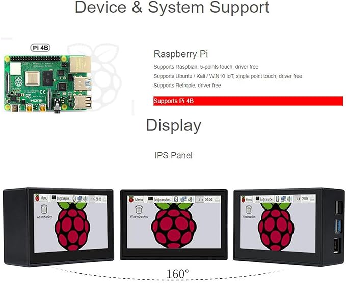 4.3inch DSI LCD Display with Case for Raspberry Pi 4B 800x480 Capacitive Touchscreen MIPI DSI Interface IPS Wide Angle Supports Raspbian/Ubuntu/Kali / WIN10 IoT/Retropie Driver Free