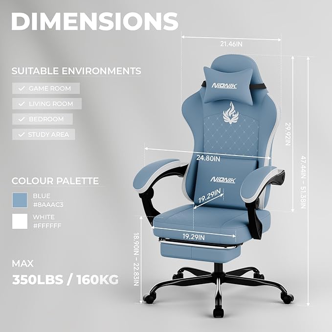 Gaming Chair with MassageErgonomic PC Gaming Chair Computer Chairs with Footrest Comfortable Headrest and Lumbar Support High Back BLUENWHITE