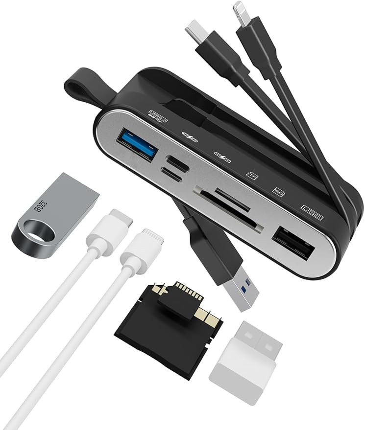 Memory Card Reader 6-in-1 SD Card Reader &amp USB OTG Adapter for iPhone/iPad USB-C and USB-A Devices with Micro SD &amp SD Card Slots Supports SDHC/SDXC/MMC