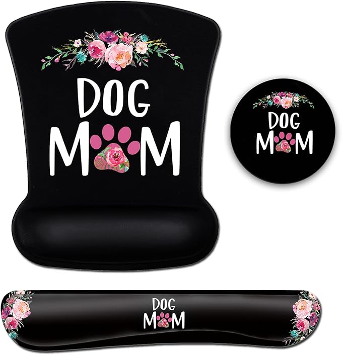 Ergonomic Mouse Pad with Gel Wrist Rest SupportCute Dog Mom Floral and Black MousePads Desktop DecorationSuitable for Office Typing Games Mousepad Soft Keyboard Wrist Rest to Relieve Wrist Fatigue