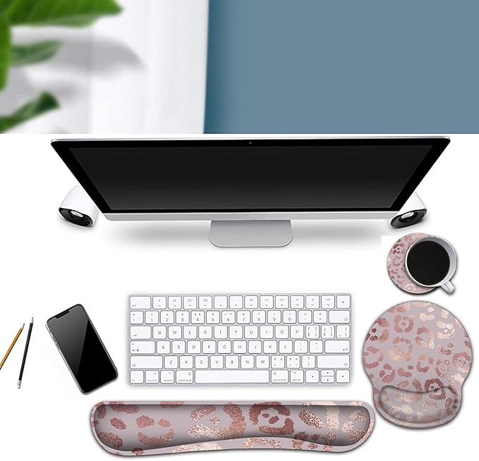 Ergonomic Mouse Pad Wrist Support and Memory Foam Keyboard Wrist Rest Set for Gaming Computer Office Laptop Easy Typing Wireless Mouse Mat Gel Gaming Pad Rose Gold Leopard Print Office Desk Pad