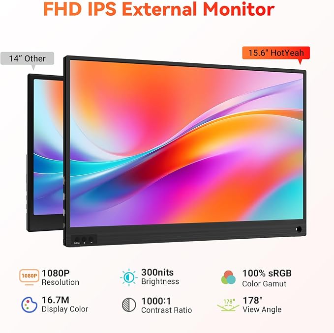 HotYeah Portable Laptop Monitor 15.6-in 1080P FHD Travel Monitor USB-C HDMI External Computer Screen FreeSync IPS w/Kickstand Extra External Display for Laptop PC Mac Phone Tablet Switch Xbox PS5