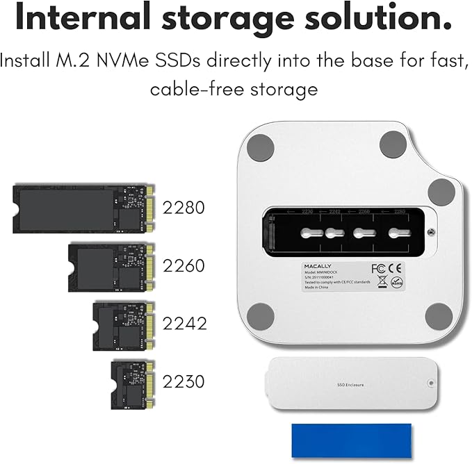 Macally Mac mini M4 Dock and Stand Mac mini M4 Hub with M.2 NVMe Enclosure 4K HDMI 60hz 3 USB A10Gbps USB C Data Port SD Card Reader 3.5mm Audio Jack
