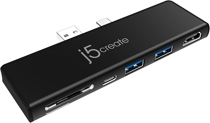 j5create Surface Pro 7 Ultradrive mini Dock 6-in-2 4K60 HDMI 10Gbps USB-A x 2 10 Gbps USB-C with PD 60W Pass-Through Charging SD/microSD Card Reader (JCD324B)