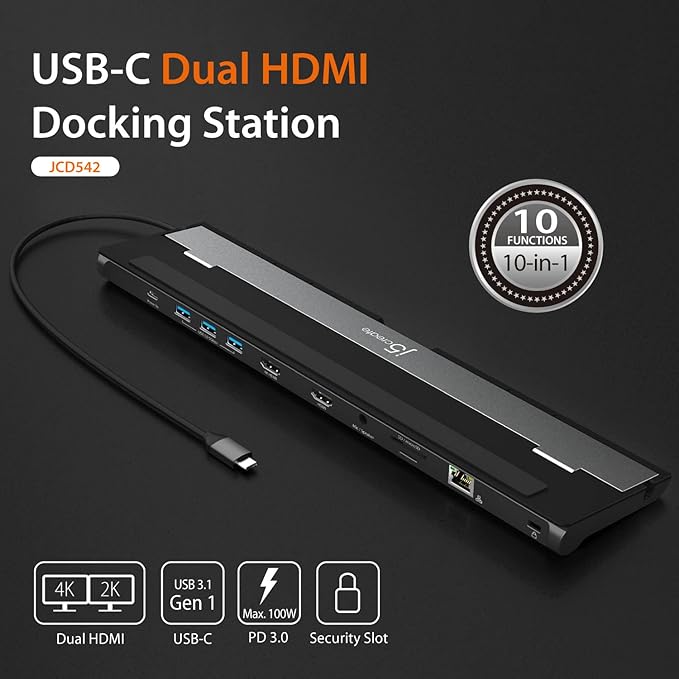 j5create USB-C Dual HDMI Docking Station (10-in-1) 4K + 1080p Dual HDMI Display 5Gbps USB-A x3 SD Card Reader PD 100W RJ45 Ethernet Combo Audio Jack for MacBook and Windows Laptop (JCD542)