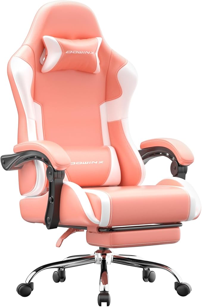 Dowinx Ergonomic Pink Gaming Chair with Footrest &amp Massage Lumbar 2D-Linkage Armrests for Cute Aesthetic Esports Chair for Girls Office Home and Long Gaming Sessions Pink