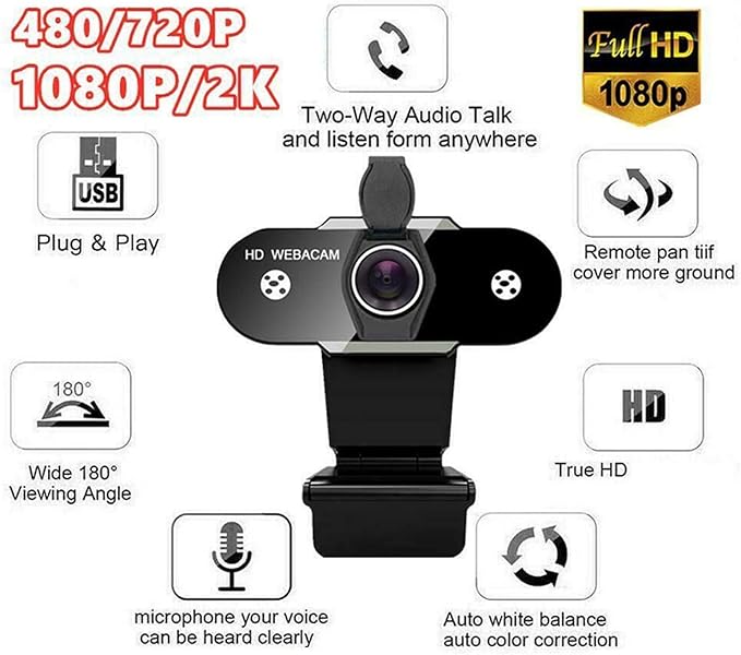 Web Camera USB HD Webcam Cover 1080P 2K Web Camera with Microphone for PC Computer Camera for Video Web Cam for Streaming for Gaming Video Calling Recording (Color : 1080P)