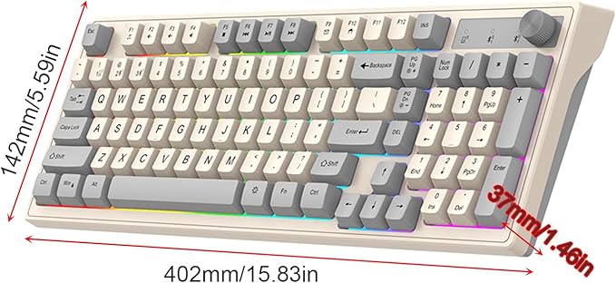 Docooler Gaming Keyboard Dual-Mode BT/2..4GHz Mechanical Keyboard with Backlit Rechargeable Keyboard 98 Keys Wireless Keyboard with Volume Control Knob for Computer Laptop PC - Gray/Blue/Shimmer