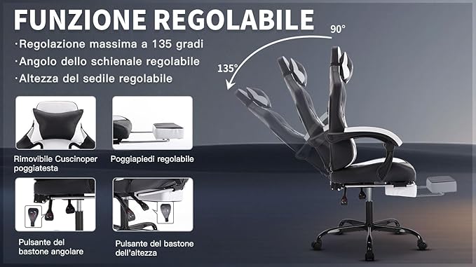 Black White Ergonomic Gaming Chair with Massage Durable PVC Leather PC Chair High Back with Lumbar Support &amp Footrest 300LBS Capacity for Gamers