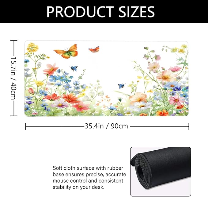 Color Flower Butterfly Leaf Large Mouse Pad Gaming Mousepad Desk Mat for Desktop Computer Keyboard Waterproof Mouse Mat Desk Pad with Non-Slip Base for Game School Office Home 35.4 x 15.7