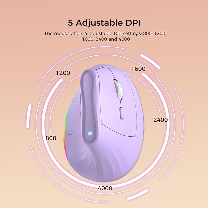 KYSONA 57° Wireless Ergonomic Mouse Vertical Mouse Carpal Tunnel Mouse RGB Light Rechargeable Bluetooth &amp 2.4G 5-level DPI Adjustment Quiet Click Ergo Mice Compatible with PC/Laptop/Mac Pu