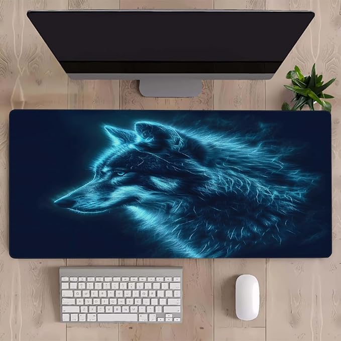 Blue Flame Animal Wolf Large Mouse Pad Gaming Mousepad Desk Mat for Desktop Computer Keyboard Waterproof Mouse Mat Desk Pad with Non-Slip Base for Game School Office Home 35.4 x 15.7