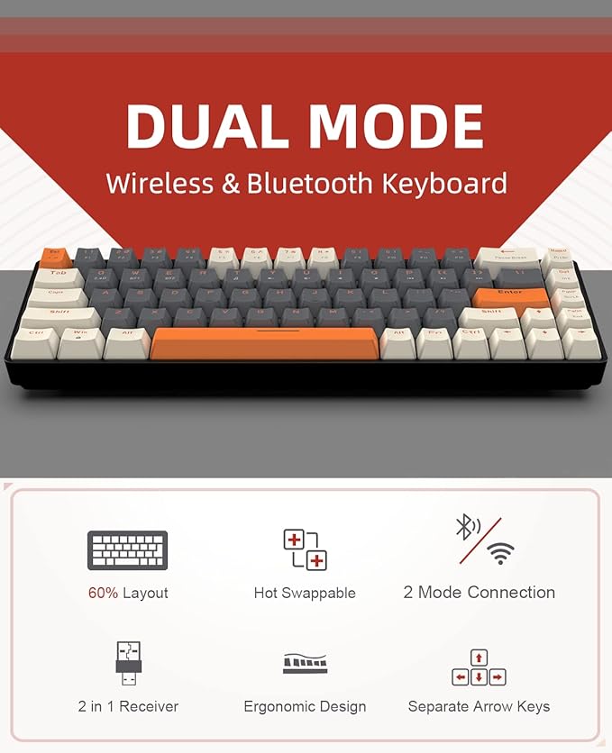 ZIYOU LANG RK68 60% Wireless Mechanical KeyboardBluetooth 5.0/2.4Ghz Dual Mode ReceiverHot-Swappable mini 68-KeyRetro Color KeycapsClicky Blue SwitchUltra Power Saving for PC PS4 Xbox iPhone ipad