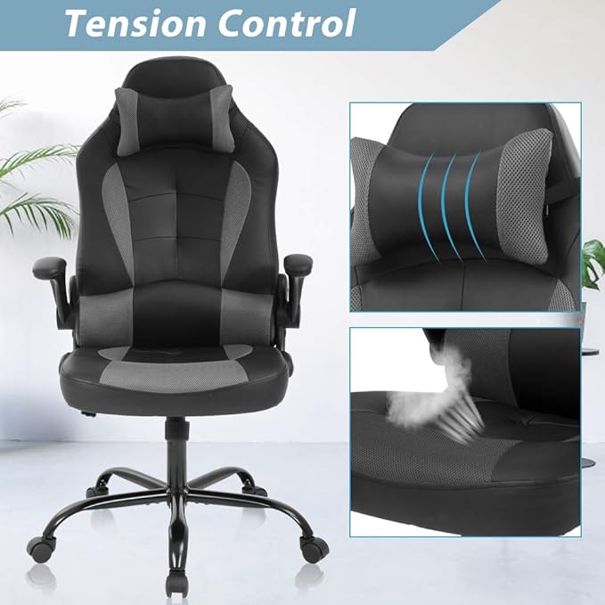 Gaming Chair High Back Home Office Chair Ergonomic PC Racing Chairs with Flip-up Arms PU Leather Computer Chairs Adjustable Height Swivel Executive Grey
