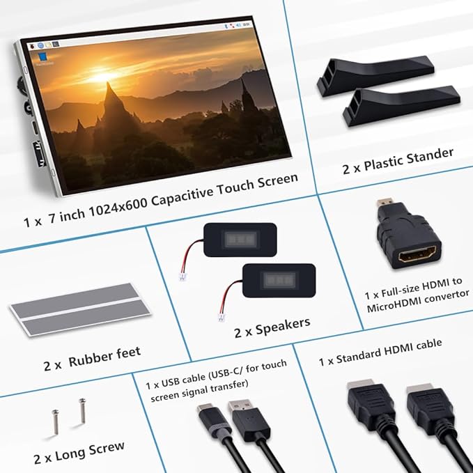 GeeekPi 7 Inch Capacitive Touchscreen for Raspberry Pi 1024x600 IPS LCD Display with Dual-Speaker HDMI Portable Monitor for Raspberry Pi 5/Pi 4B/3B+/3B/B+/Zero/400 Win11/10/8/7 Free-Driver