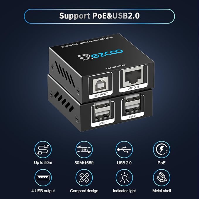 USB Extender 165ft 50m 4-Port USB2.0 HUB by Cat5e Cat6 -Two Webcam Work SyncPlug &amp Play for Camera Storage Hard Drive PC WindowsMacOSAndroid1.5m USB Cable 5V Power U SB Over Ethernet