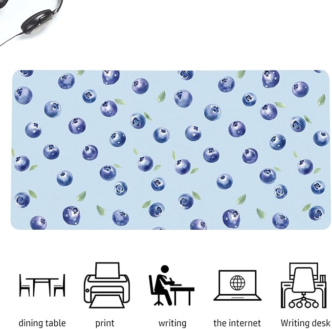 Cute Kawaii Blueberry Blue Extended Gaming Keyboard Mouse Pad Non-Slip Leather Home Office Desk Mat Protector Laptop Desk Pad Writing Pad