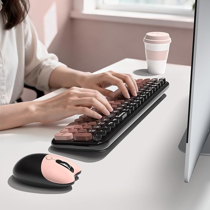 Wireless Keyboard and Mouse Combo MOWUX Compact Typewriter Retro Round Computer Keyboard Cute Optical Mouse Wireless Plug and Play for Laptop PC Computer- BlackBerry Gradient