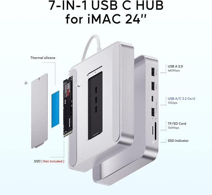 USB C HUB for iMac 24 inch 2021/2023/2024 PULWTOP USB Hub Adapter iMac Accessories for i-Mac M1/M3/M4 with USB C 10Gbps 3*USB A SD/TF Docking Station Support Expand M.2 SSD (Not Included) Silver