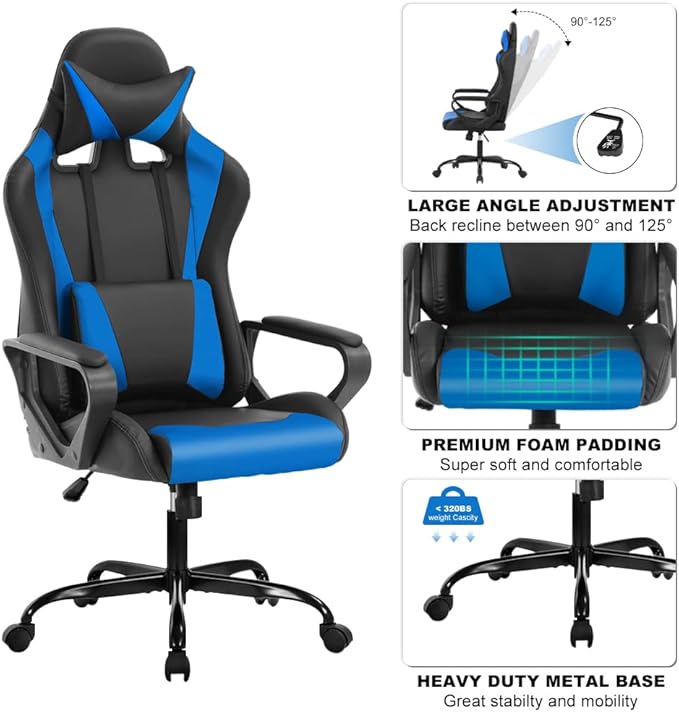 Ergonomic Gaming Chair High Back PU Leather Office Chair with Adjustable Lumbar Support &amp Headrest – Swivel Computer Desk Chair for Adults Teens Kids – Heavy Duty Executive Red Game Chair - Blu