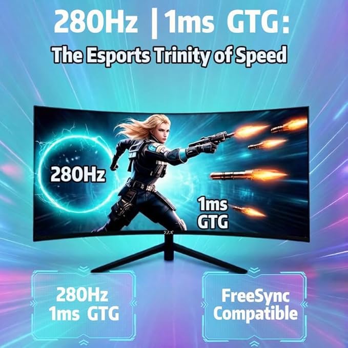 ZZA 27 Inch Curved 280Hz Gaming Monitor 1800R Curved Computer Gaming Monitor FHD 1080P 4000:1 120% sRGB 1Ms GTG|FreeSync|HDR|Low Blue Light|HDMI DP| VESA Support 100x100mm(No Speakers)