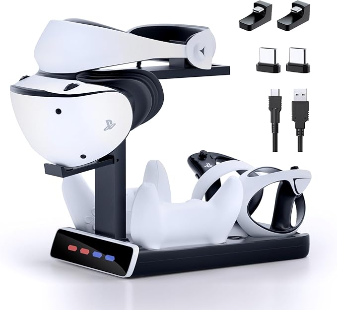 3-in-1 Controller Charging Dock for PSVR2 and PS5 VR Stand Display with LED Light PS5 VR2 Storage Base Gaming Accessories 4 Magnetic Clasp &amp Type-C Cable