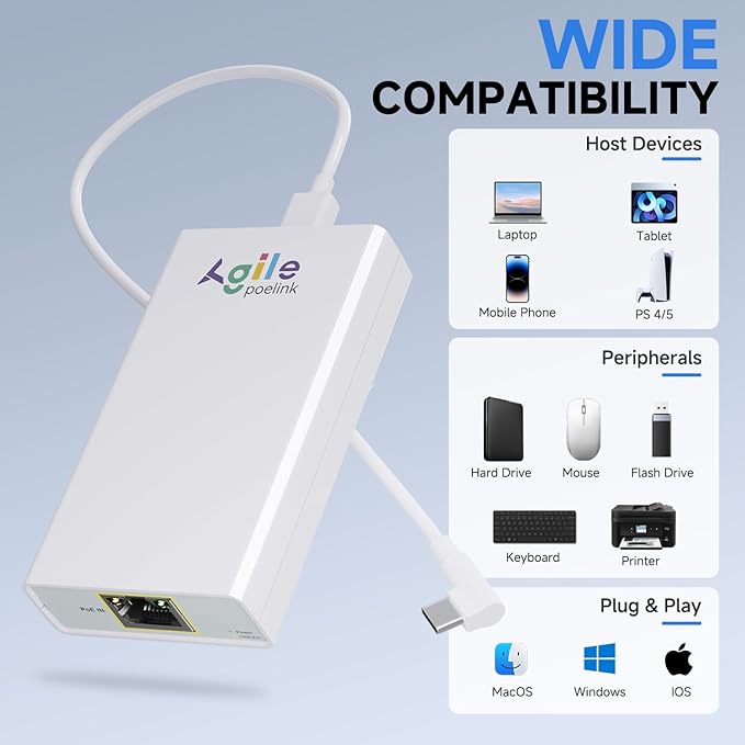 Gigabit PoE to USB C Converter for Smart Phone/Tablet USB-C to Ethernet Adapter with 23W Charging Power &amp Data 2-in-1 RJ45 Port to Type-C Adapter 10/100/1000Mbps High Speed Plug &amp PlayIEEE