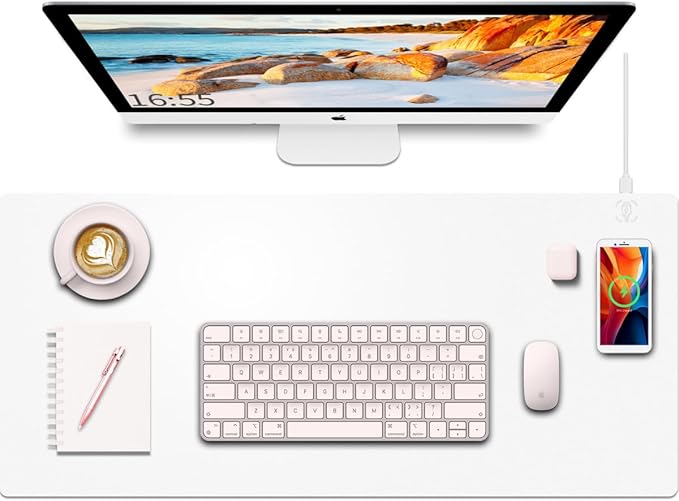 Desk Mat with Wireless Charging White Mouse Pad with Wireless Charger Desk Pad Matt for Desktop Mousepad Gaming Large Mouse Pad Leather Compute for Keyboard and Mouse 32 x 16